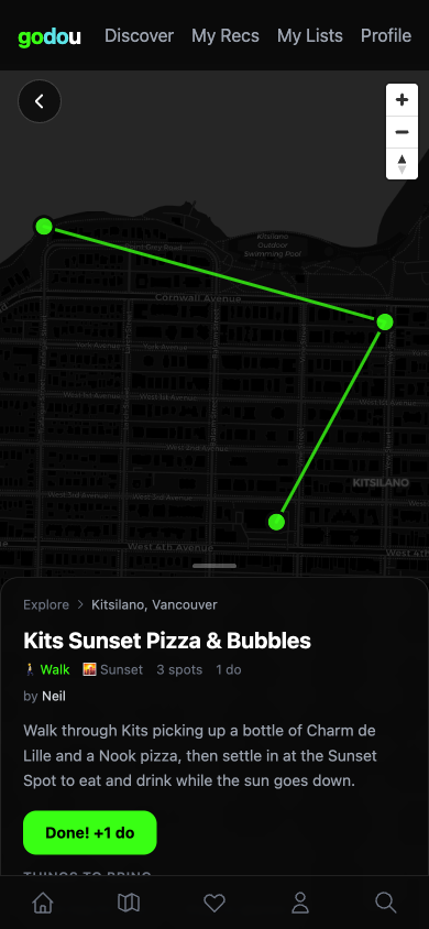 GoDoU go detail page showing a route map with connected spots, packing list, and completion button