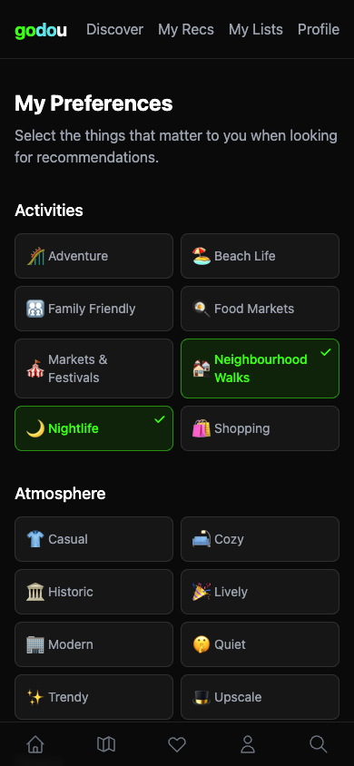 GoDoU preference selection screen showing categories like Activities, Atmosphere, and Dining